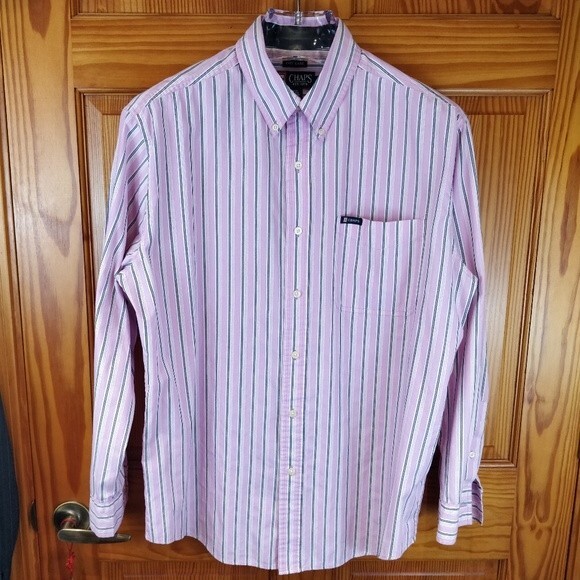 Chaps Pink Stripe Long Sleeve One Pocket Mens Button Front Shirt LG - Picture 2 of 6